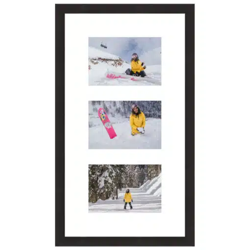 Framed photos of snowboarder in yellow jacket in snowy landscape.