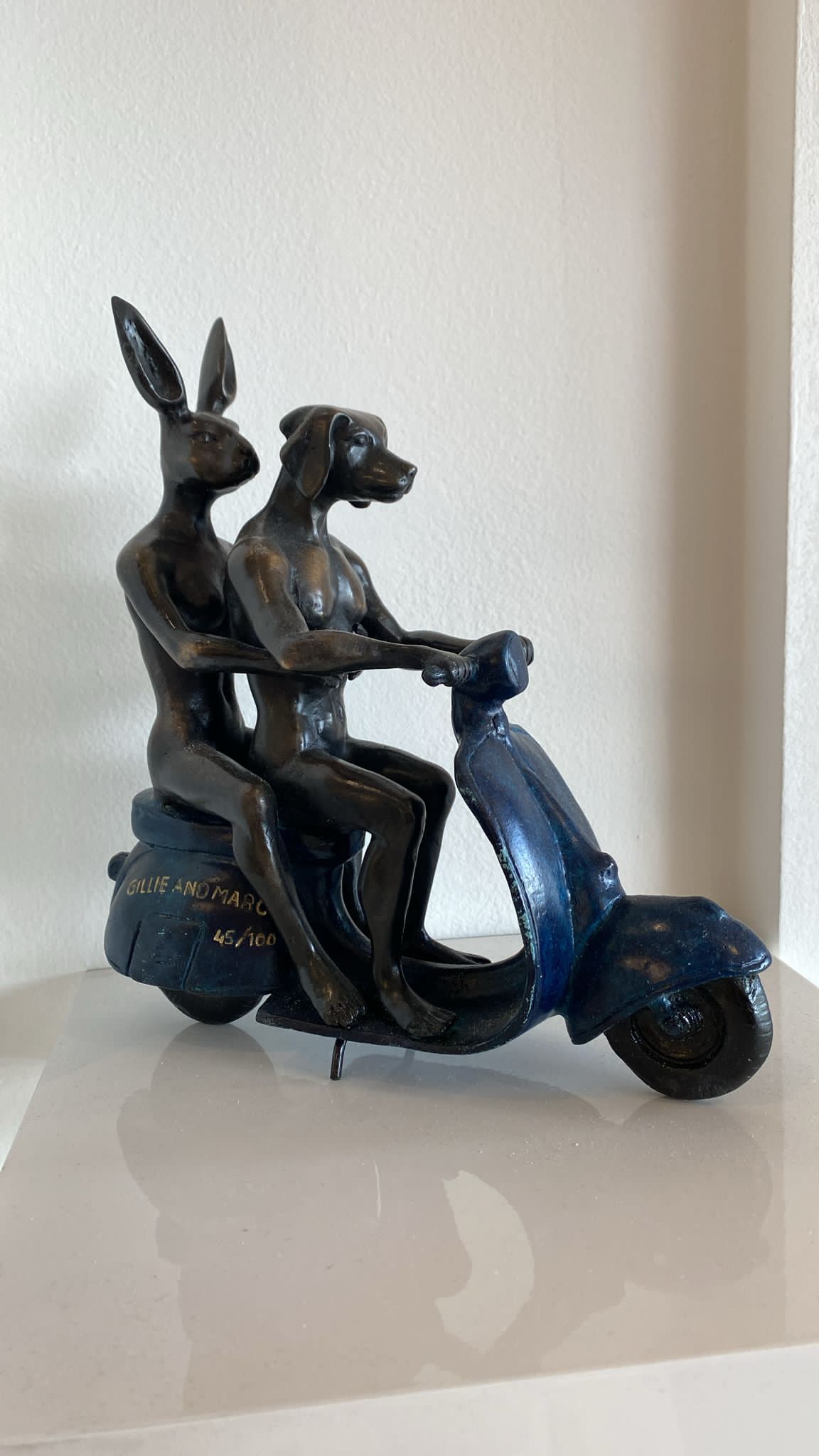 They Were The Authentic Vespa Riders In Rome (Bronze Sculpture, miniature) - BLUE - Image 5